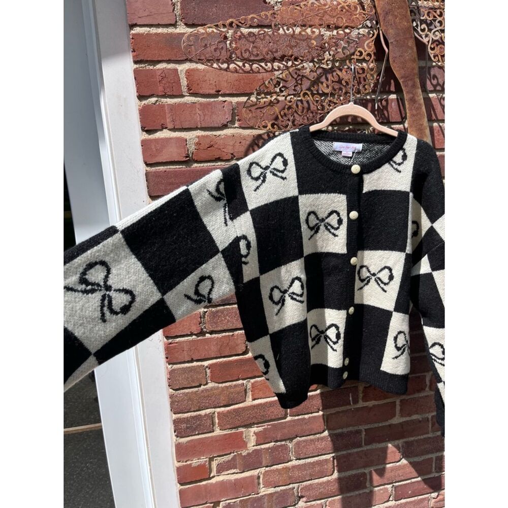 Lisa Says Gah Bow Check Lauda Cardi Sweater NWT - Picture 7 of 9